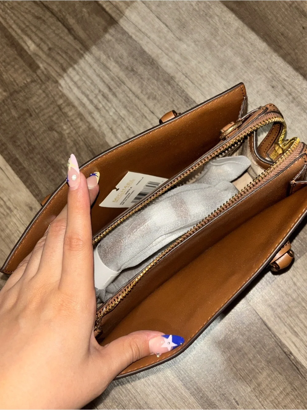 Michael Kors Vanilla & Brown Logo Satchel with Gold MK Charm